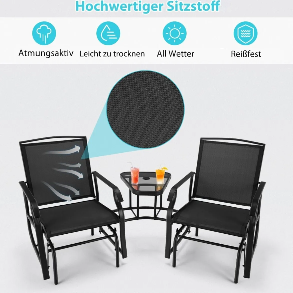 Doppelschaukel Gleiterstuhl mit Tisch & Schirmloch Gartenbank Sitzgarnitur Schwarz
