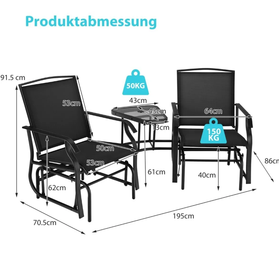 Doppelschaukel Gleiterstuhl mit Tisch & Schirmloch Gartenbank Sitzgarnitur Schwarz