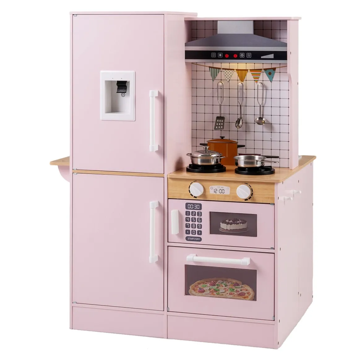 Doppelseitige Kinderküche hölzerner Spielküchen-Set mit Wasserspender Dunstabzugshaube Rosa