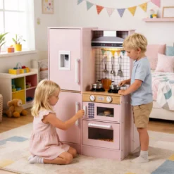 Doppelseitige Kinderküche hölzerner Spielküchen-Set mit Wasserspender Dunstabzugshaube Rosa