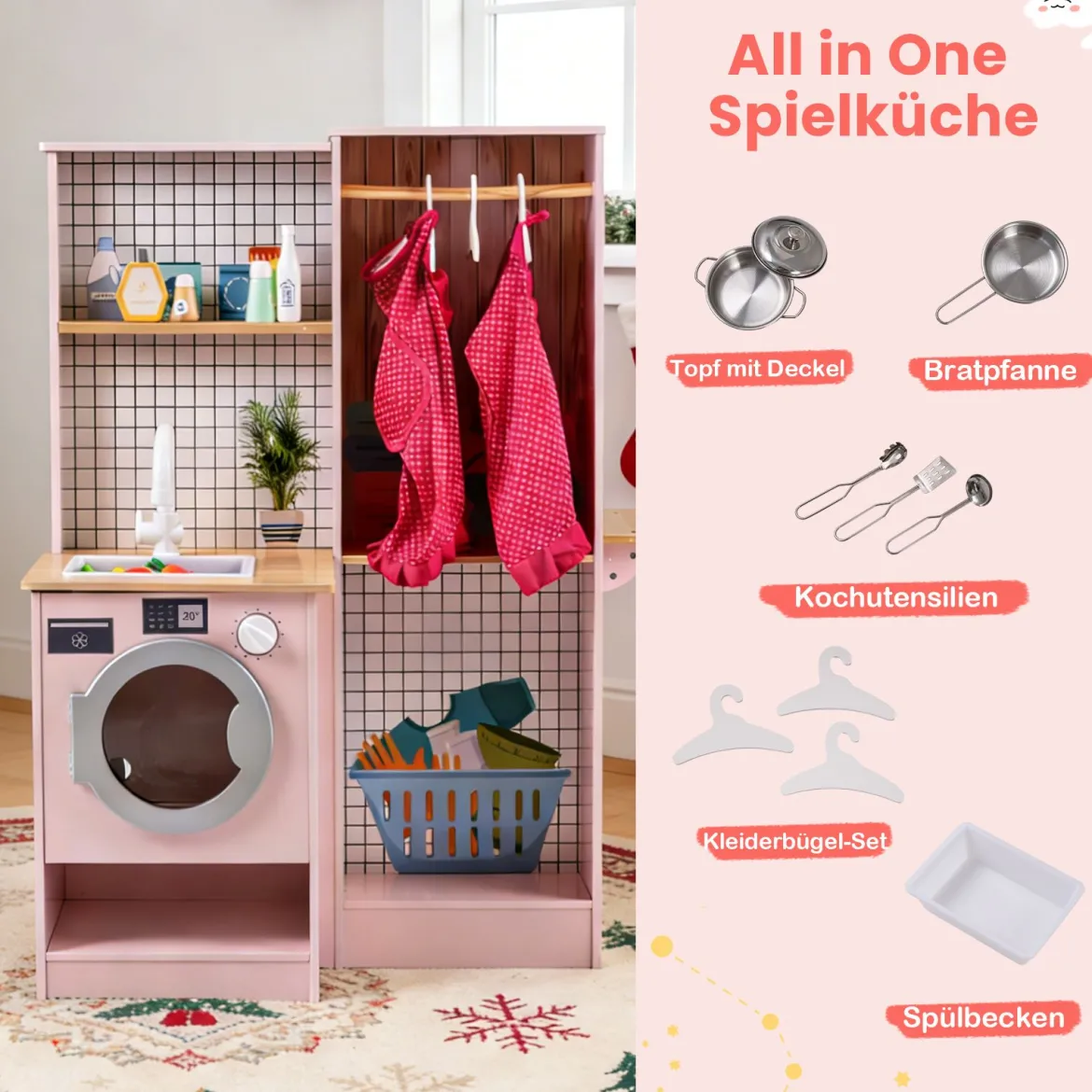 Doppelseitige Kinderküche hölzerner Spielküchen-Set mit Wasserspender Dunstabzugshaube Rosa