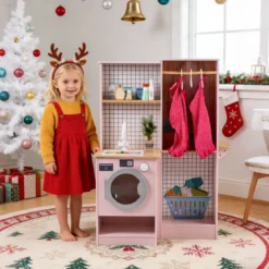 Doppelseitige Kinderküche hölzerner Spielküchen-Set mit Wasserspender Dunstabzugshaube Rosa