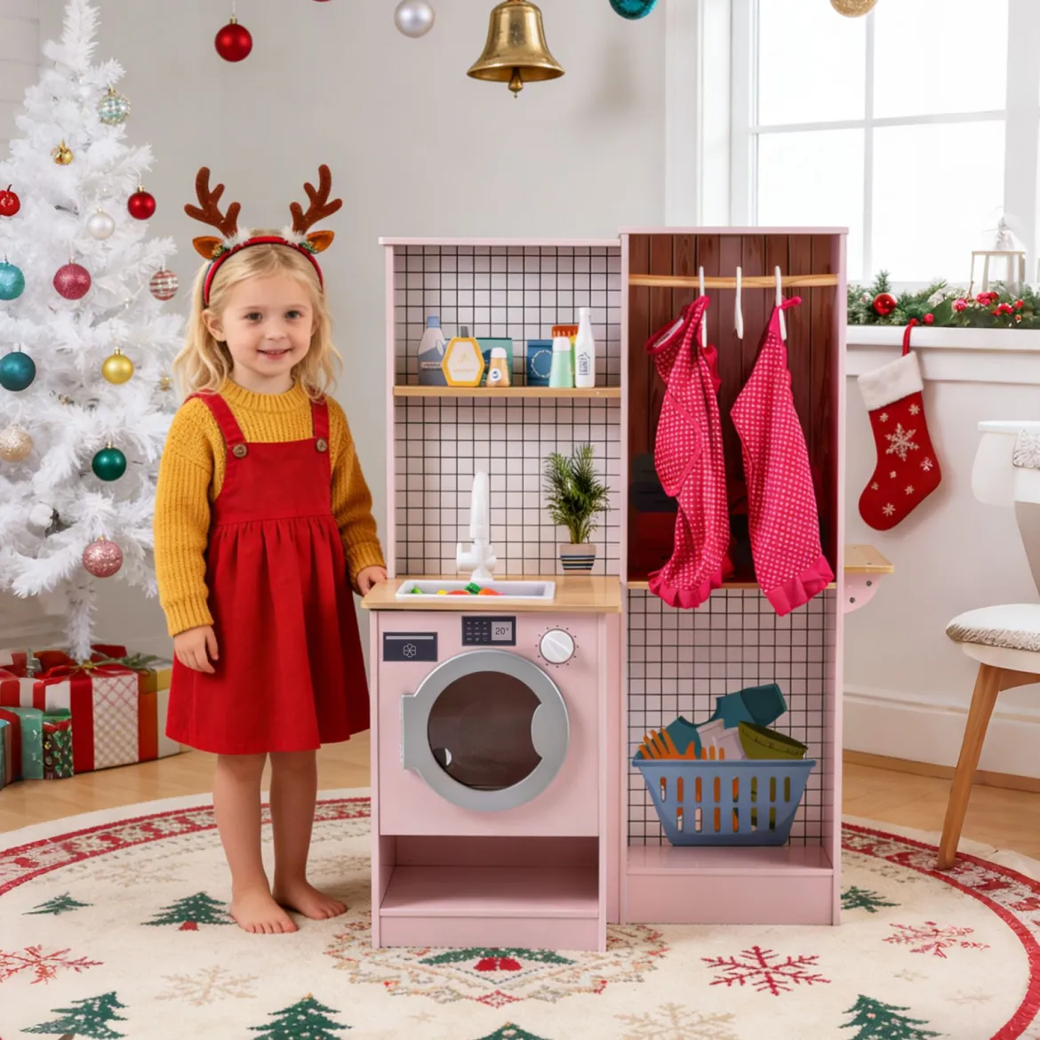 Doppelseitige Kinderküche hölzerner Spielküchen-Set mit Wasserspender Dunstabzugshaube Rosa