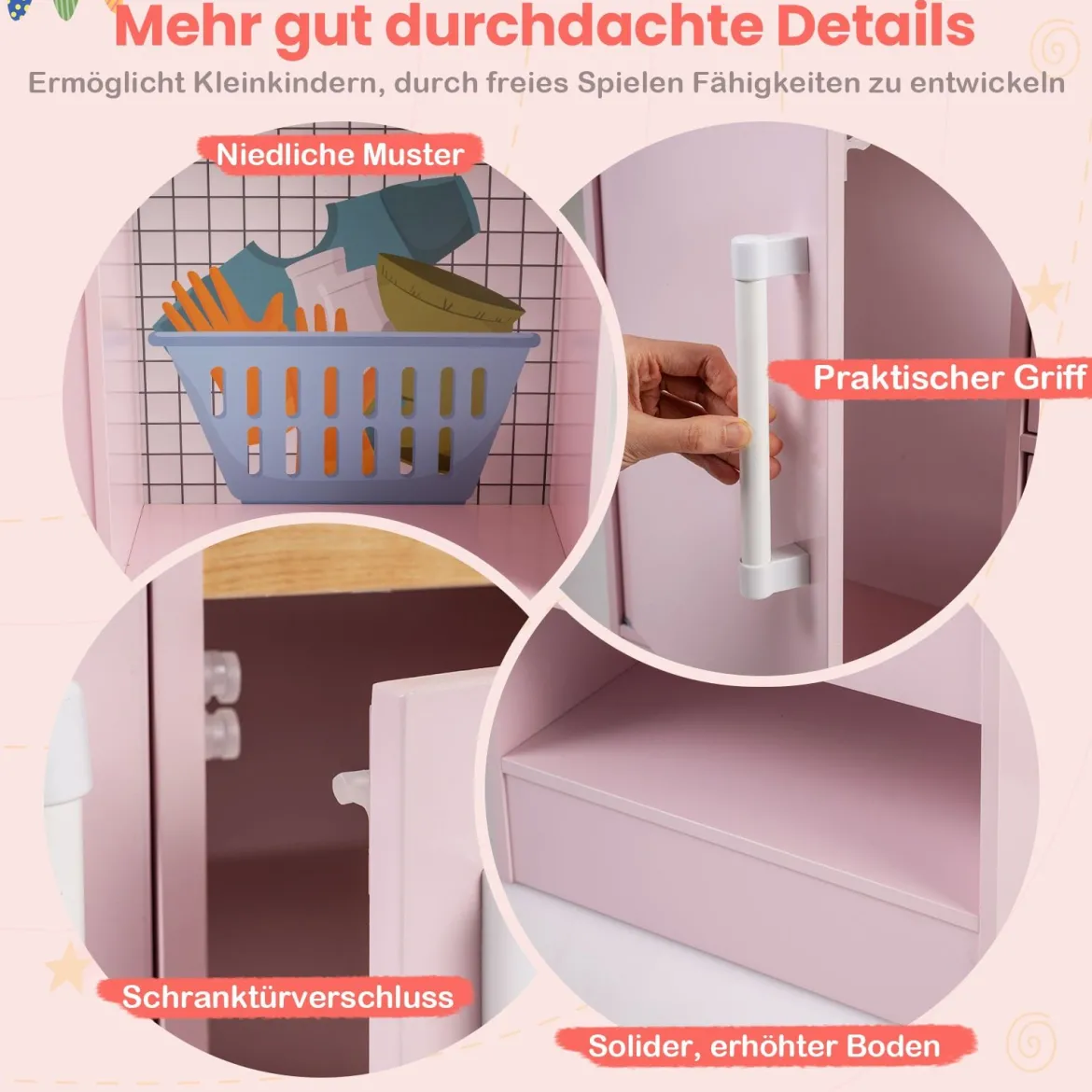 Doppelseitige Kinderküche hölzerner Spielküchen-Set mit Wasserspender Dunstabzugshaube Rosa