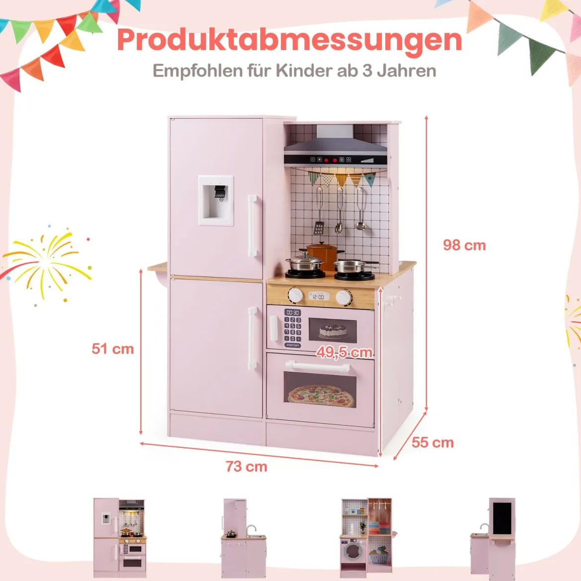 Doppelseitige Kinderküche hölzerner Spielküchen-Set mit Wasserspender Dunstabzugshaube Rosa