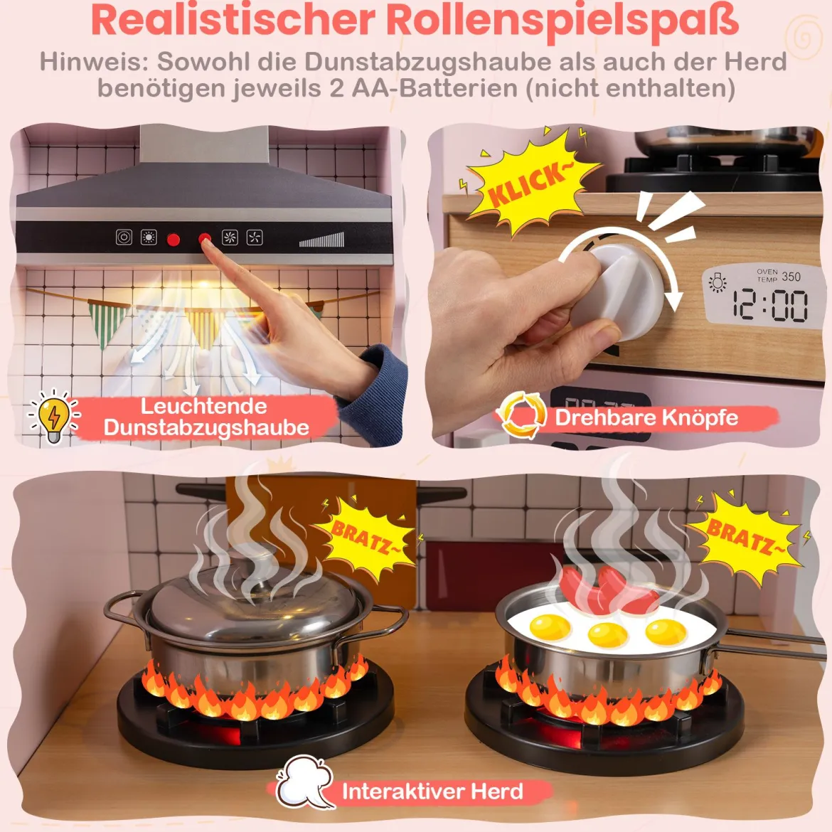 Doppelseitige Kinderküche hölzerner Spielküchen-Set mit Wasserspender Dunstabzugshaube Rosa