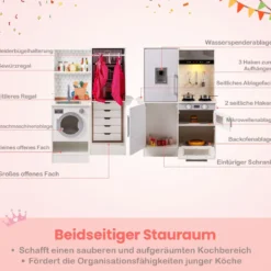 Doppelseitige Kinderküche hölzerner Spielküchen-Set mit Wasserspender Dunstabzugshaube Weiß