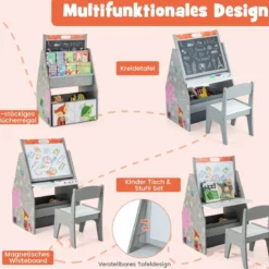 Doppelseitiges Kindertisch & Stuhl-Set mit Magnetischer Tafel & Whiteboard & Bücherregal Grau