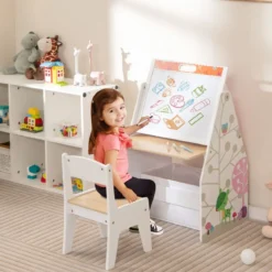 Doppelseitiges Kindertisch & Stuhl-Set mit Magnetischer Tafel & Whiteboard & Bücherregal Weiß