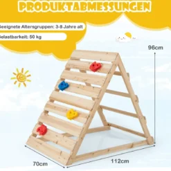 Doppelseitiges Kletterdreieck hölzernes Kletterspielzeug mit Kletterfelsen und Kletterleitern 112 x 70 x 96 cm Natur
