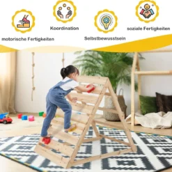 Doppelseitiges Kletterdreieck hölzernes Kletterspielzeug mit Kletterfelsen und Kletterleitern 112 x 70 x 96 cm Natur