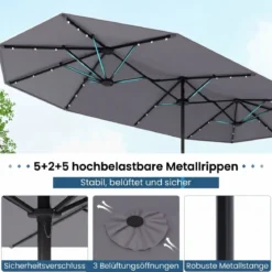 Doppelsonnenschirm mit Ständer & LED-Leuchten & UPF 50+ Sonnenschirm Gartenschirm Grau