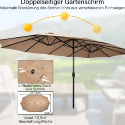 Doppelsonnenschirm mit Ständer & Kurbel & UPF 50+ Gartenschirm 451,5 x 264 cm Braun