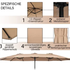 Doppelsonnenschirm mit Ständer & Kurbel & UPF 50+ Gartenschirm 451,5 x 264 cm Braun