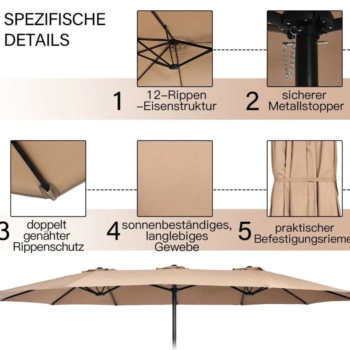 Doppelsonnenschirm mit Ständer & Kurbel & UPF 50+ Gartenschirm 451,5 x 264 cm Braun