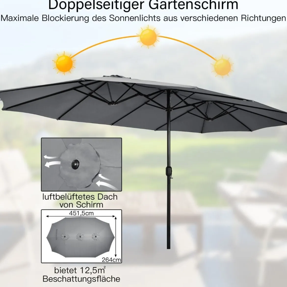 Doppelsonnenschirm mit Ständer & Kurbel & UPF 50+ Gartenschirm 451,5 x 264 cm Grau