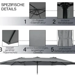 Doppelsonnenschirm mit Ständer & Kurbel & UPF 50+ Gartenschirm 451,5 x 264 cm Grau