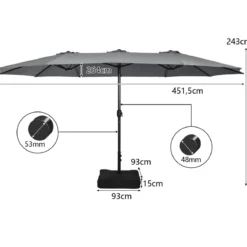 Doppelsonnenschirm mit Ständer & Kurbel & UPF 50+ Gartenschirm 451,5 x 264 cm Grau