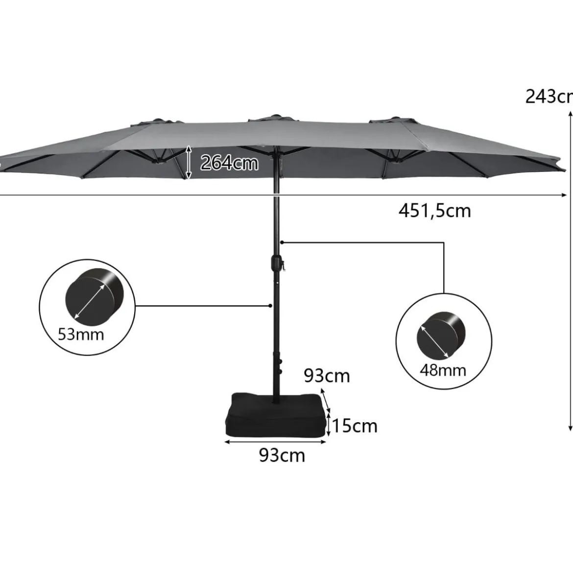 Doppelsonnenschirm mit Ständer & Kurbel & UPF 50+ Gartenschirm 451,5 x 264 cm Grau