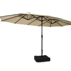 Doppelsonnenschirm mit Ständer & Kurbel & UPF 50+ Gartenschirm 451,5 x 264 cm Beige