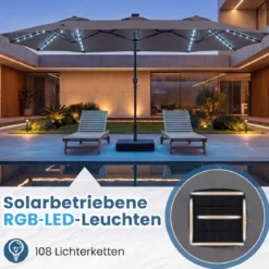 Doppelsonnenschirm 370 x 200 cm Sonnenschirm mit Kurbel & Ständer Terrassenschirm mit 108 LED-Lichtern Grau