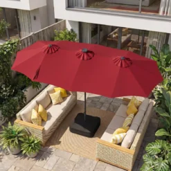 Doppelsonnenschirm 370 x 200 cm Sonnenschirm mit Kurbel & Ständer Terrassenschirm mit 108 LED-Lichtern Weinrot