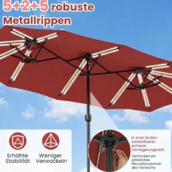 Doppelsonnenschirm 370 x 200 cm Sonnenschirm mit Kurbel & Ständer Terrassenschirm mit 108 LED-Lichtern Weinrot