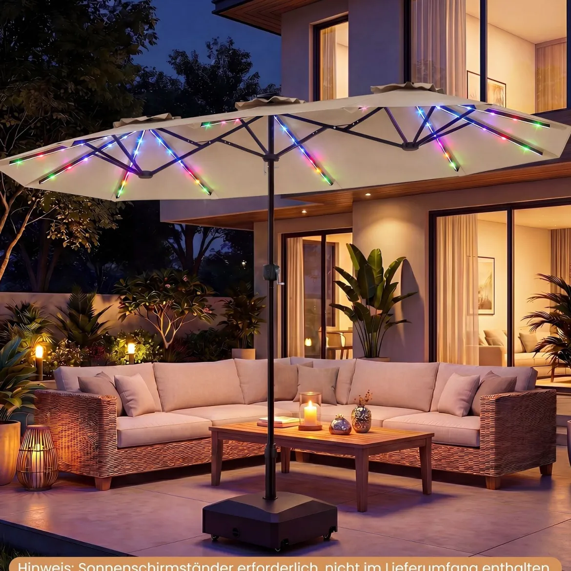 Doppelsonnenschirm 400 x 210 cm Sonnenschirm mit LED-Beleuchtung Rechteckiger Gartenschirm