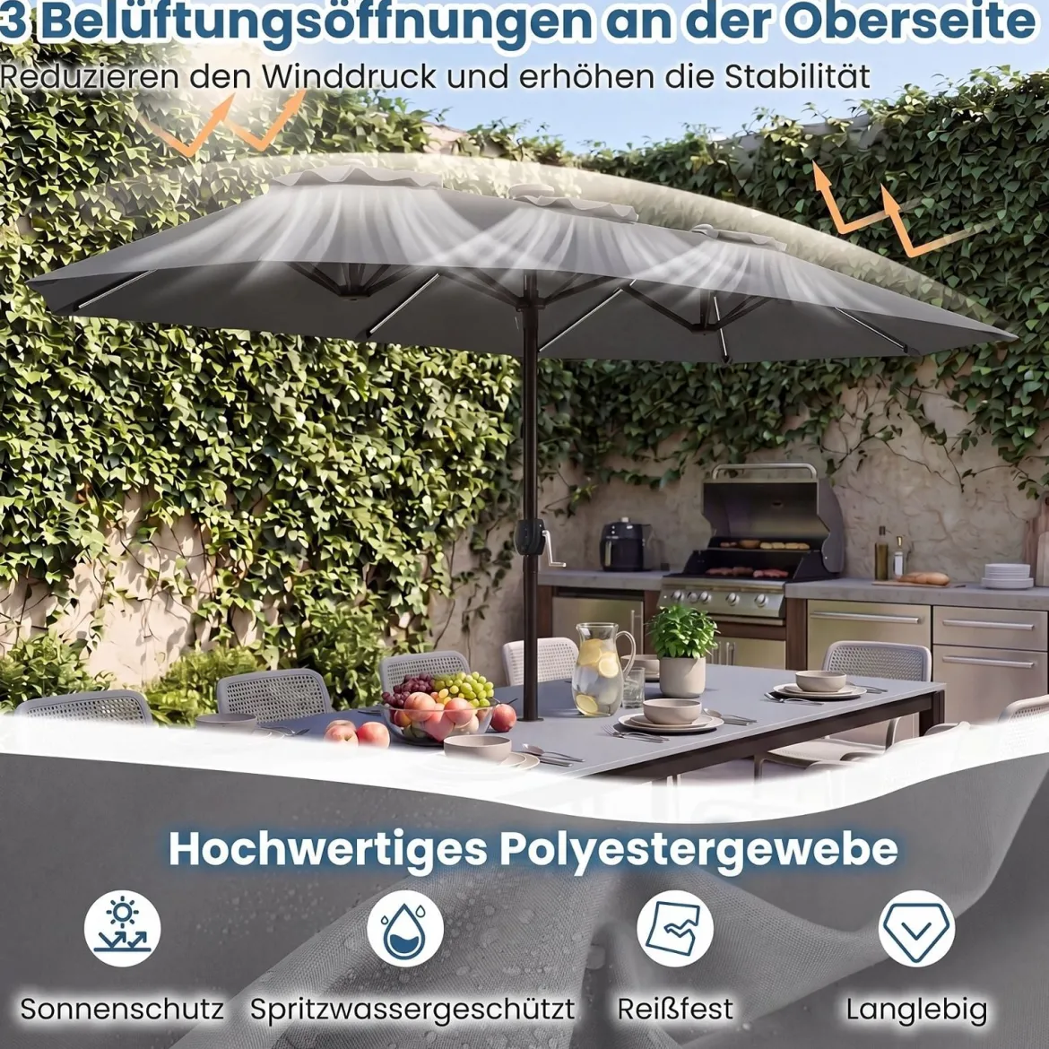 Doppelsonnenschirm 400 x 210 cm Sonnenschirm mit LED-Beleuchtung Rechteckiger Gartenschirm