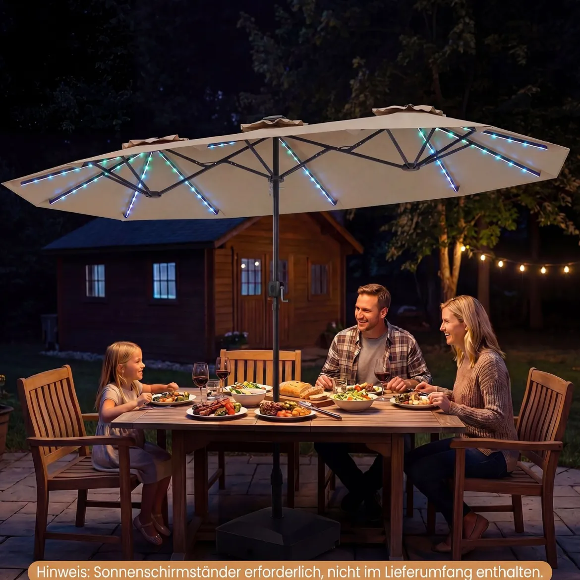 Doppelsonnenschirm 400 x 210 cm Sonnenschirm mit LED-Beleuchtung Rechteckiger Gartenschirm