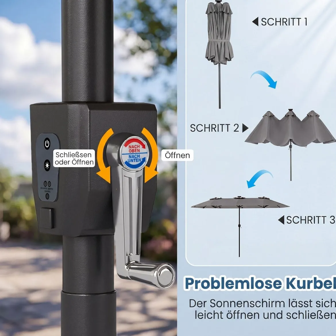 Doppelsonnenschirm 400 x 210 cm Sonnenschirm mit LED-Beleuchtung Rechteckiger Gartenschirm