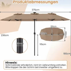 Doppelsonnenschirm 400 x 210 cm Sonnenschirm mit LED-Beleuchtung Rechteckiger Gartenschirm
