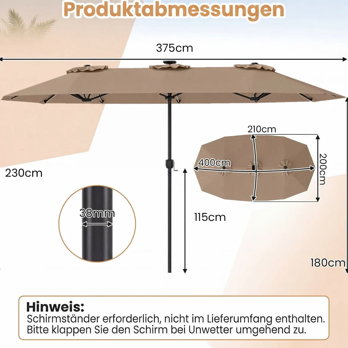 Doppelsonnenschirm 400 x 210 cm Sonnenschirm mit LED-Beleuchtung Rechteckiger Gartenschirm