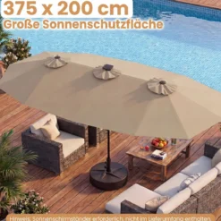 Doppelsonnenschirm 400 x 210 cm Sonnenschirm mit LED-Beleuchtung Rechteckiger Gartenschirm