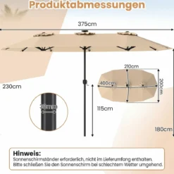 Doppelsonnenschirm 400 x 210 cm Sonnenschirm mit LED-Beleuchtung Rechteckiger Gartenschirm