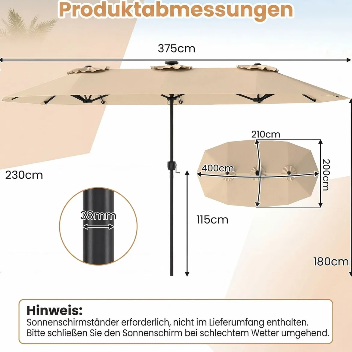 Doppelsonnenschirm 400 x 210 cm Sonnenschirm mit LED-Beleuchtung Rechteckiger Gartenschirm