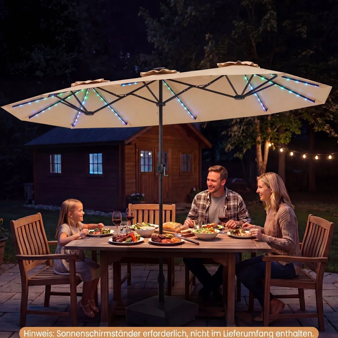 Doppelsonnenschirm 400 x 210 cm Sonnenschirm mit LED-Beleuchtung Rechteckiger Gartenschirm