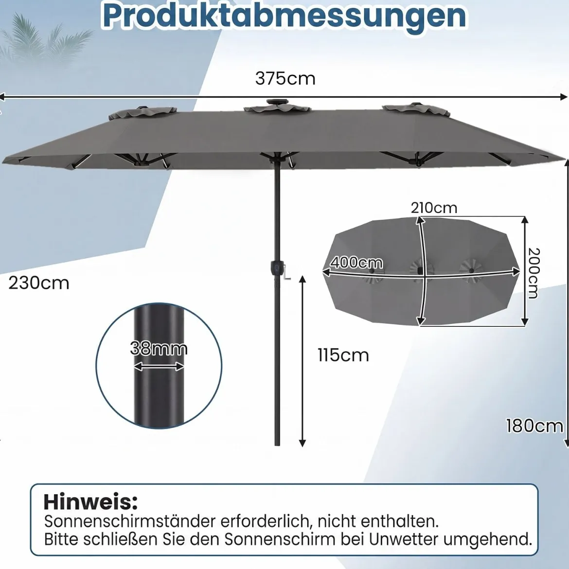 Doppelsonnenschirm 400 x 210 cm Sonnenschirm mit LED-Beleuchtung Rechteckiger Gartenschirm