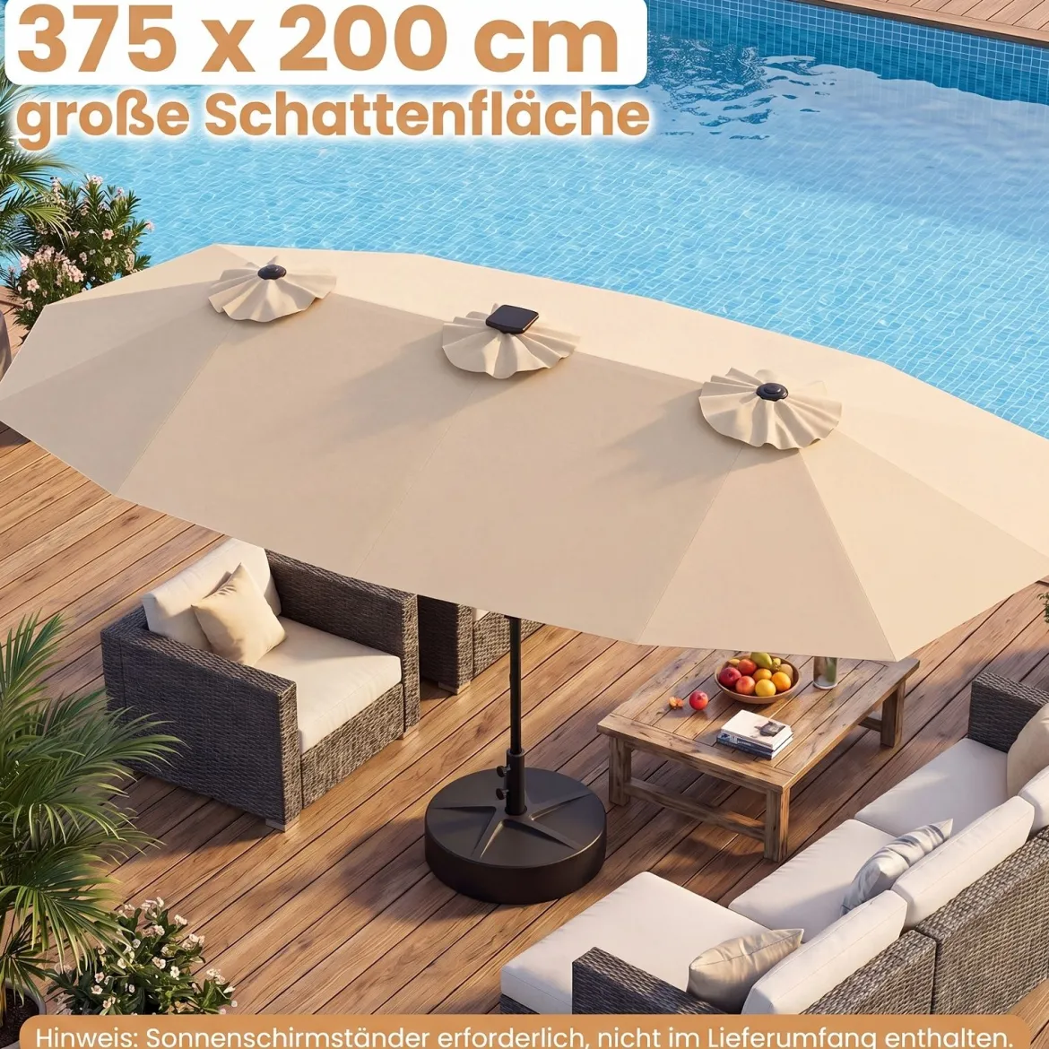 Doppelsonnenschirm 400 x 210 cm Sonnenschirm mit LED-Beleuchtung Rechteckiger Gartenschirm