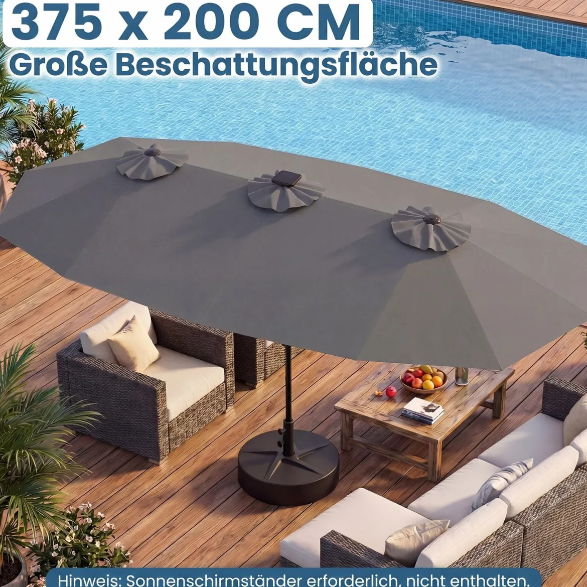 Doppelsonnenschirm 400 x 210 cm Sonnenschirm mit LED-Beleuchtung Rechteckiger Gartenschirm