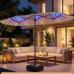 Doppelsonnenschirm 400 x 210 cm Sonnenschirm mit LED-Beleuchtung Rechteckiger Gartenschirm