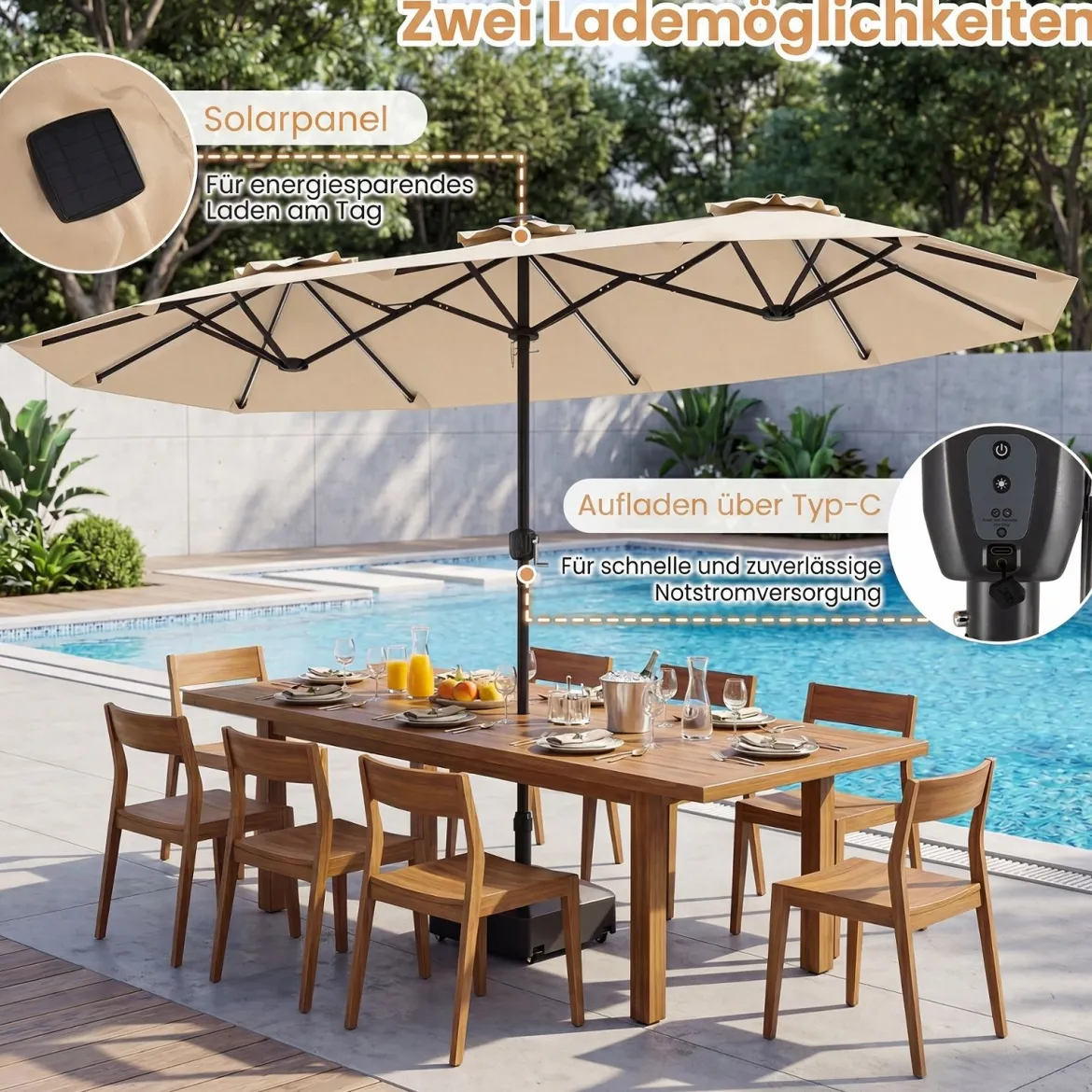 Doppelsonnenschirm 400 x 210 cm Sonnenschirm mit LED-Beleuchtung Rechteckiger Gartenschirm