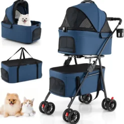 Doppelte Haustierwagen 3 in 1 faltbar Hundewagen mit 2 abnehmbaren Trägern Blau
