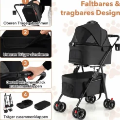 Doppelte Haustierwagen 3 in 1 faltbar Hundewagen mit 2 abnehmbaren Trägern Schwarz