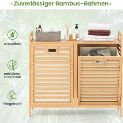 Doppelt Wäschekorb schwenkbar 75L Bambus Wäschesammler mit 2 Abnehmbaren Behältern Natur