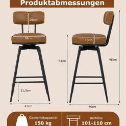 Drehbare Barhocker Set mit 2 Stück moderne Barhöhe Stühle mit gepolsterter Rückenlehne Braun