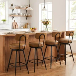 Drehbare Barhocker Set mit 2 Stück moderne Barhöhe Stühle mit gepolsterter Rückenlehne Braun