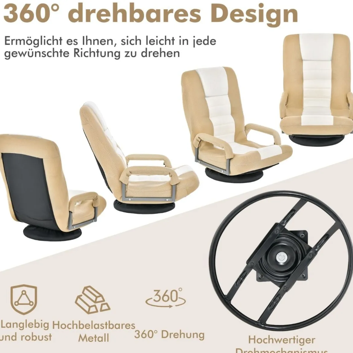 360° Drehbarer Bodenstuhl mit 6-Fach Verstellbarer Rückenlehne Bodensessel Beige