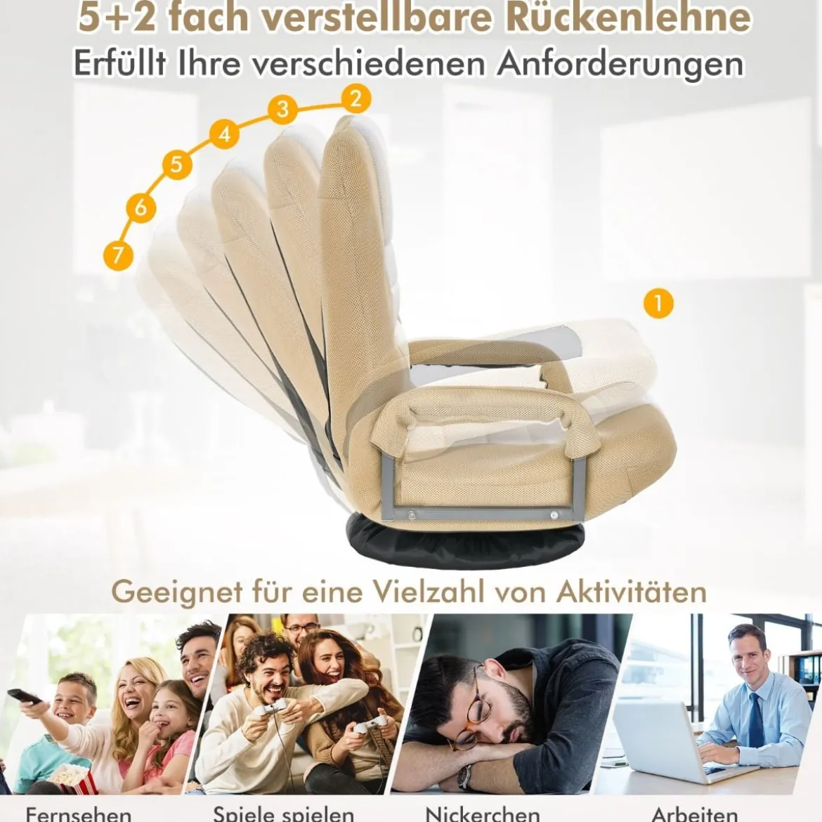 360° Drehbarer Bodenstuhl mit 6-Fach Verstellbarer Rückenlehne Bodensessel Beige