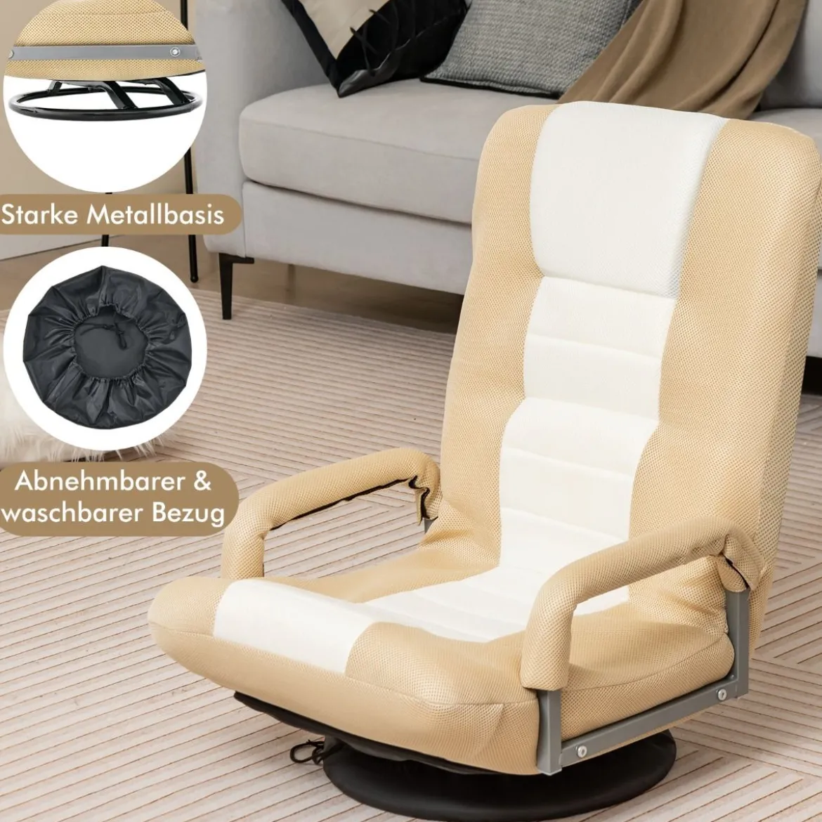 360° Drehbarer Bodenstuhl mit 6-Fach Verstellbarer Rückenlehne Bodensessel Beige